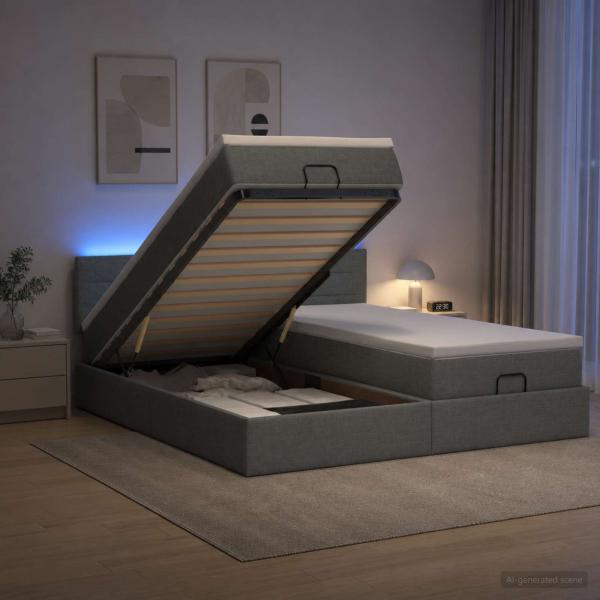 ARDEBO.de - Ottoman-Bett mit Matratze und LED Dunkelgrau 200 x 200 cm Stoff