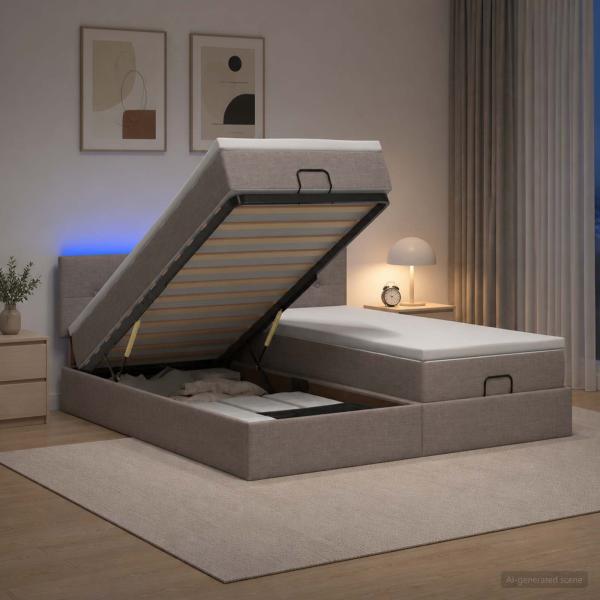 ARDEBO.de - Ottoman-Bett mit Matratze und LED Taupe 180 x 200 cm Stoff