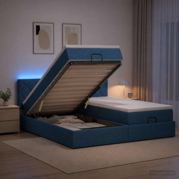 ARDEBO.de - Ottoman-Bett mit Matratze und LED Blau 200 x 200 cm Stoff