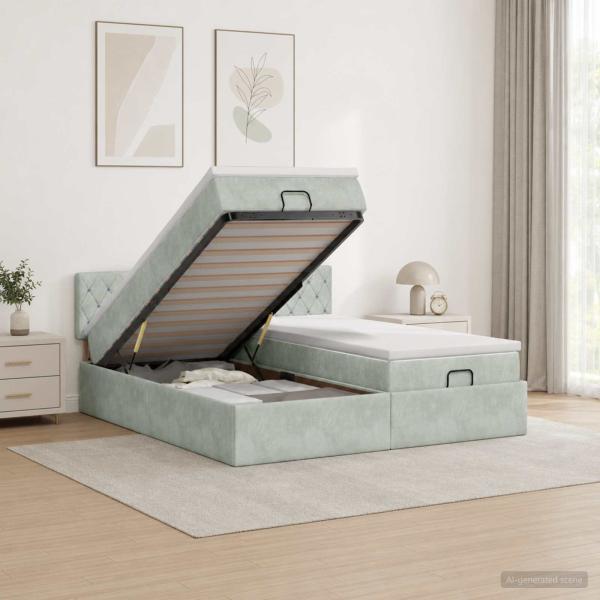 ARDEBO.de - Ottoman-Bett mit Matratze und LED Hellgrau 200 x 200 cm Samt