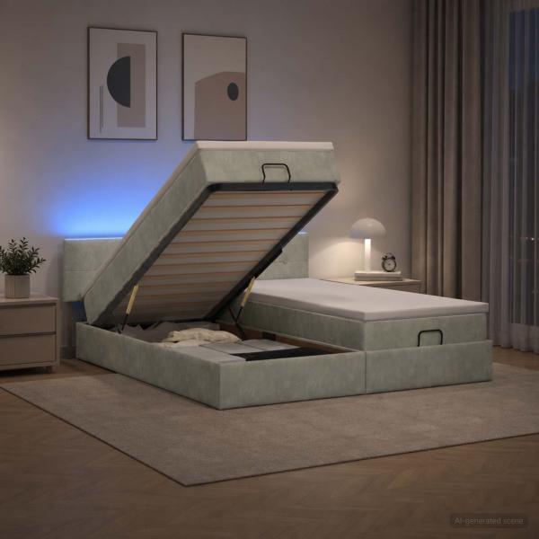 Ottoman-Bett mit Matratze und LED Hellgrau 160 x 200 cm Samt