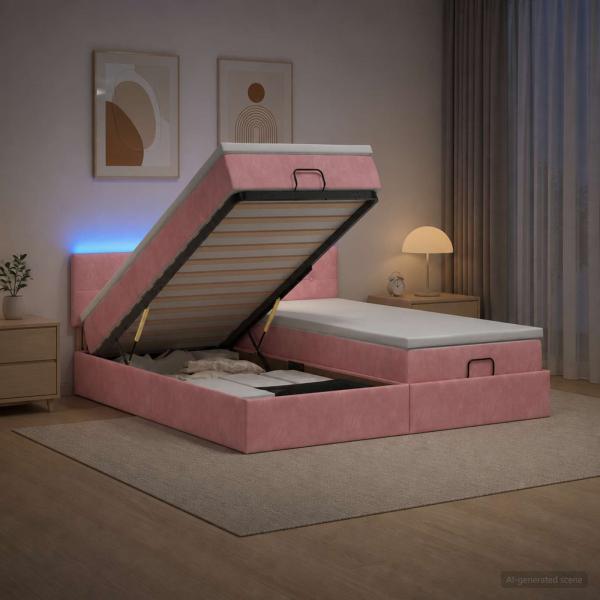 ARDEBO.de - Ottoman-Bett mit Matratze und LED Rosa 180 x 200 cm Samt