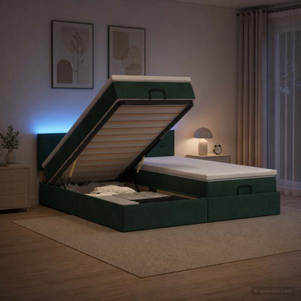 ARDEBO.de - Ottoman-Bett mit Matratze und LED Dunkelgrün 200 x 200 cm Samt