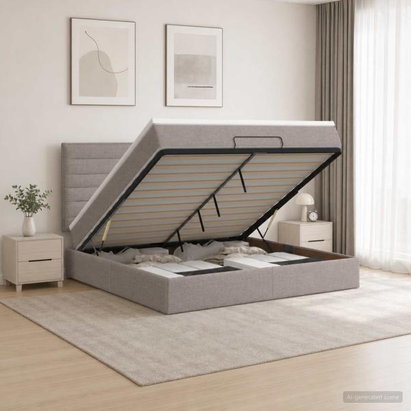 ARDEBO.de - Ottoman Bett mit Matratze mit Kopfteil Taupe 140 x 200 cm Stoff