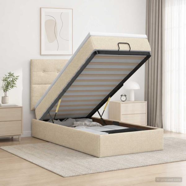 ARDEBO.de - Ottoman Bett mit Matratze mit Kopfteil Creme 90 x 200 cm Stoff