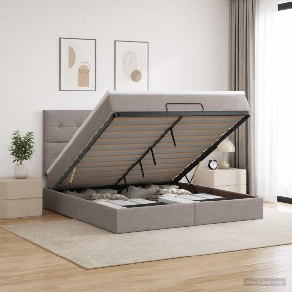 ARDEBO.de - Ottoman Bett mit Matratze mit Kopfteil Taupe 140 x 190 cm Stoff