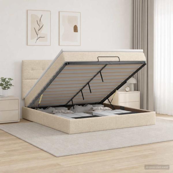 ARDEBO.de - Ottoman Bett mit Matratze mit Kopfteil Creme 180 x 200 cm Stoff