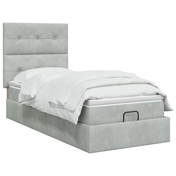Ottoman Bett mit Matratze Hellgrau 100 x 200 cm Samt