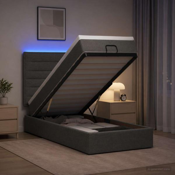 ARDEBO.de - Ottoman-Bett mit Matratze und LED Dunkelgrau 100 x 200 cm Stoff
