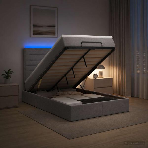 ARDEBO.de - Ottoman-Bett mit Matratze und LED Hellgrau 120 x 190 cm Stoff
