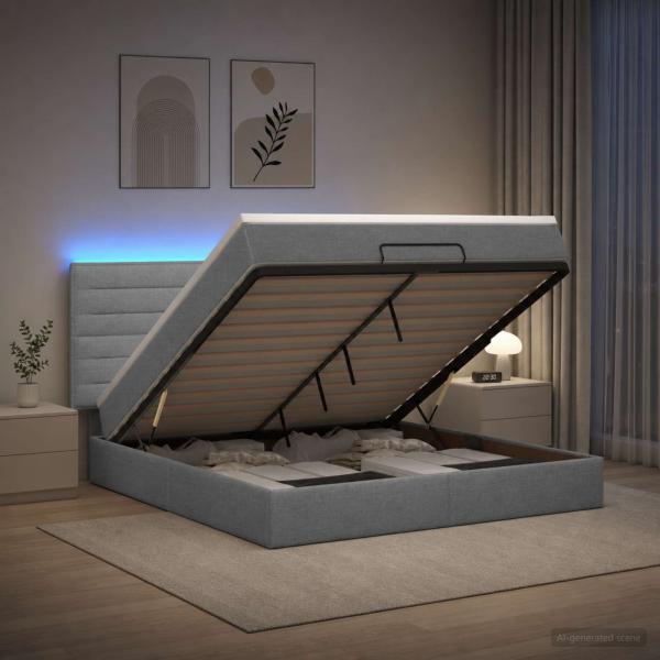 ARDEBO.de - Ottoman-Bett mit Matratze und LED Hellgrau 140 x 200 cm Stoff