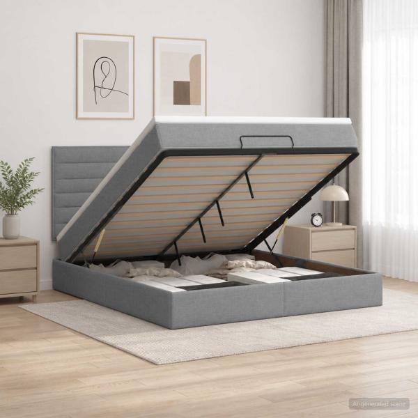 Ottoman-Bett mit Matratze und LED Hellgrau 140 x 200 cm Stoff