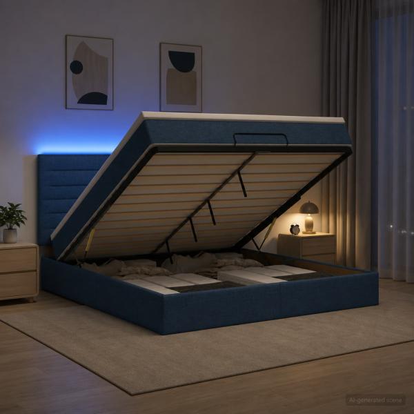 ARDEBO.de - Ottoman-Bett mit Matratze und LED Blau 180 x 200 cm Stoff