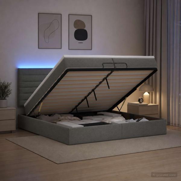 ARDEBO.de - Ottoman-Bett mit Matratze und LED Dunkelgrau 200 x 200 cm Stoff