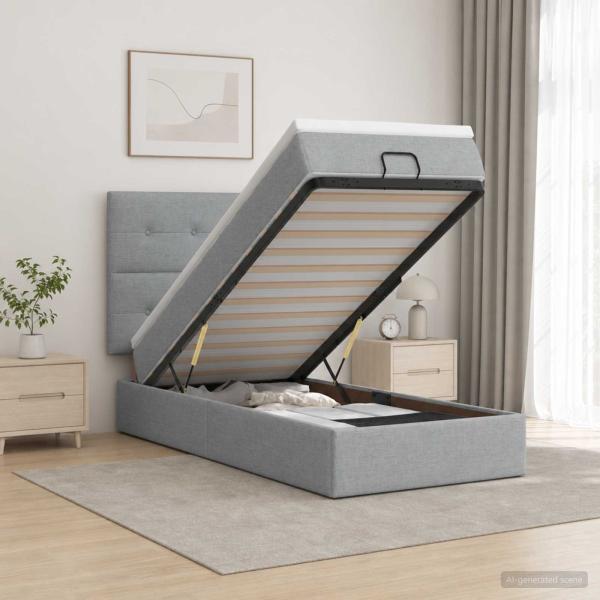 ARDEBO.de - Ottoman-Bett mit Matratze und LED Hellgrau 80 x 200 cm Stoff