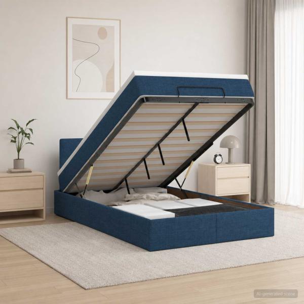 ARDEBO.de - Ottoman-Bett mit Matratze und LED Blau 120 x 190 cm Stoff