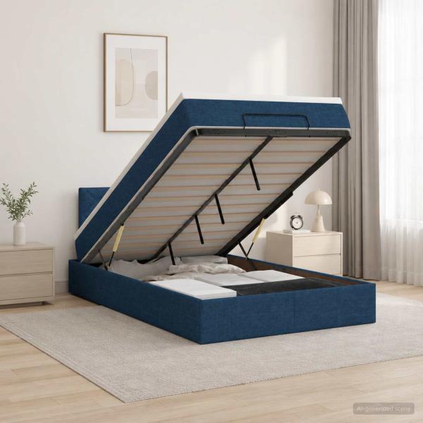ARDEBO.de - Ottoman-Bett mit Matratze und LED Blau 120 x 200 cm Stoff