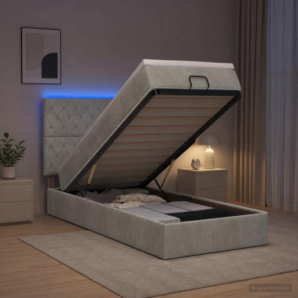 ARDEBO.de - Ottoman-Bett mit Matratze und LED Hellgrau 100 x 200 cm Samt