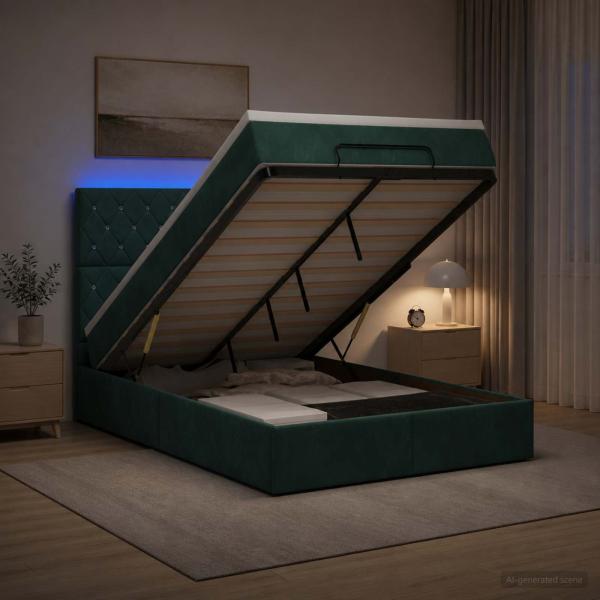 Ottoman-Bett mit Matratze und LED Dunkelgrün 120 x 190 cm Samt