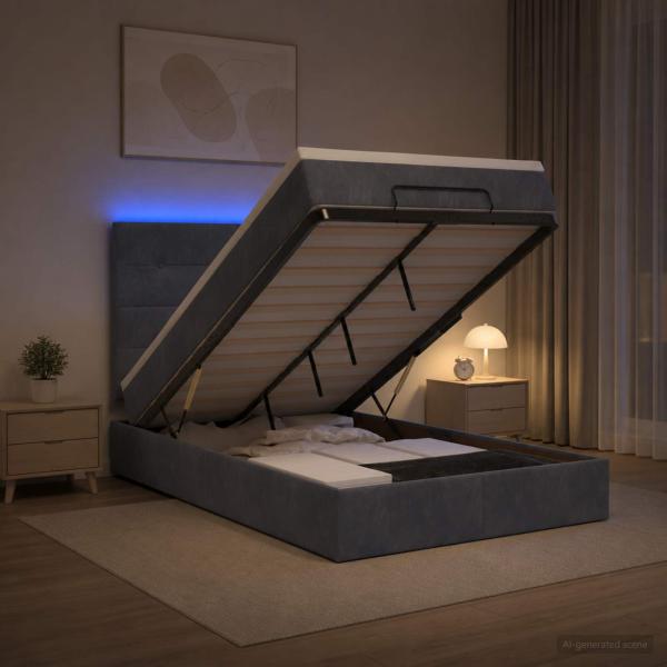 ARDEBO.de - Ottoman-Bett mit Matratze und LED Dunkelgrau 120 x 190 cm Samt