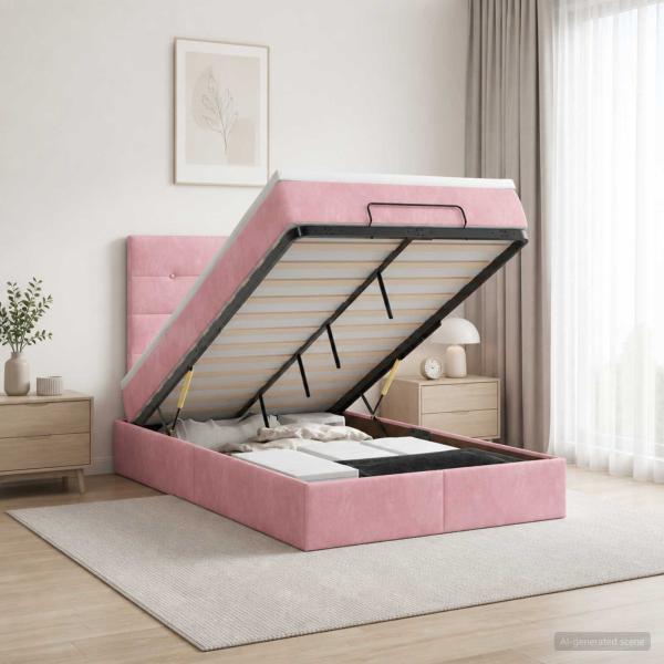 ARDEBO.de - Ottoman-Bett mit Matratze und LED Rosa 120 x 200 cm Samt