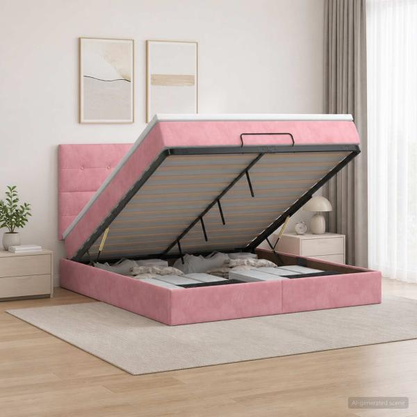 ARDEBO.de - Ottoman-Bett mit Matratze und LED Rosa 140 x 190 cm Samt
