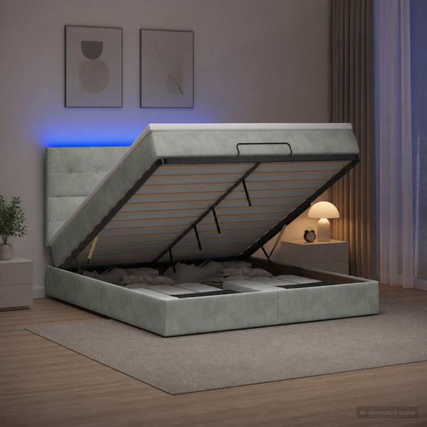 ARDEBO.de - Ottoman-Bett mit Matratze und LED Hellgrau 140 x 200 cm Samt