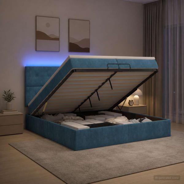 ARDEBO.de - Ottoman-Bett mit Matratze und LED Dunkelblau 200 x 200 cm Samt