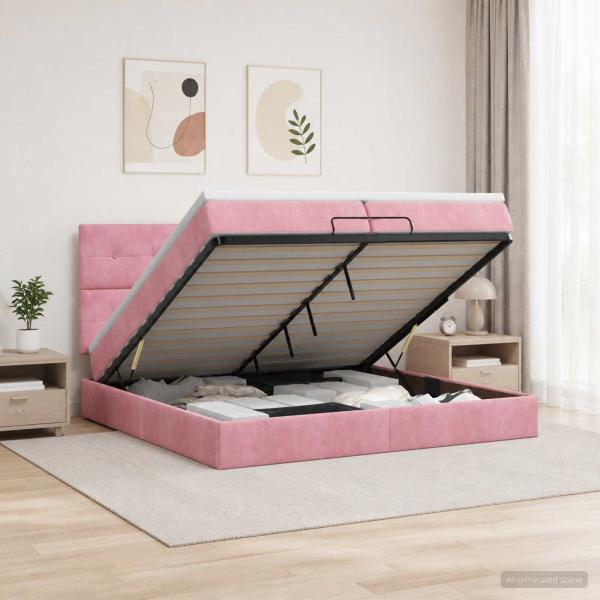 ARDEBO.de - Ottoman-Bett mit Matratze und LED Rosa 200 x 200 cm Samt