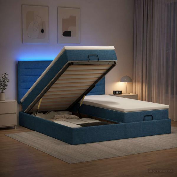 ARDEBO.de - Ottoman-Bett mit Matratze und LED Blau 180 x 200 cm Stoff