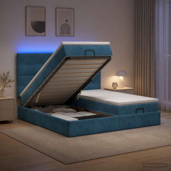 Ottoman-Bett mit Matratze und LED Dunkelblau 160 x 200 cm Samt