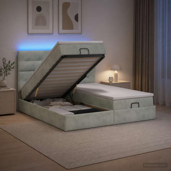 Ottoman-Bett mit Matratze und LED Hellgrau 180 x 200 cm Samt