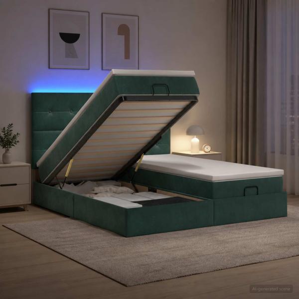 ARDEBO.de - Ottoman-Bett mit Matratze und LED Dunkelgrün 180 x 200 cm Samt