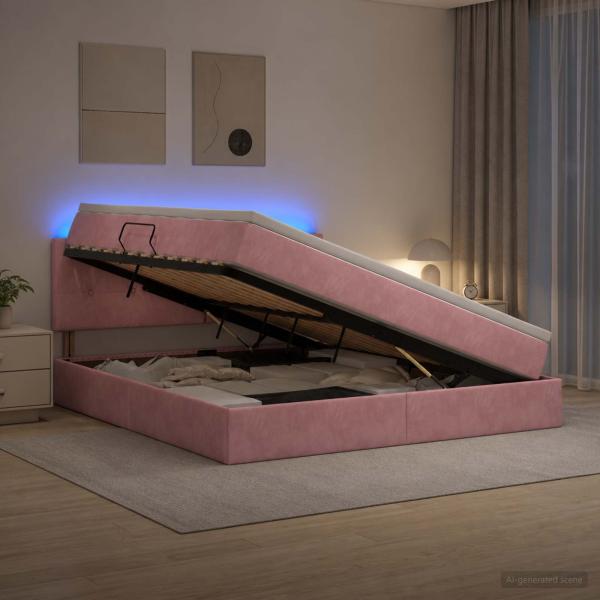 LED-Speicherbett mit Matratze Rosa 160 x 200 cm Samt