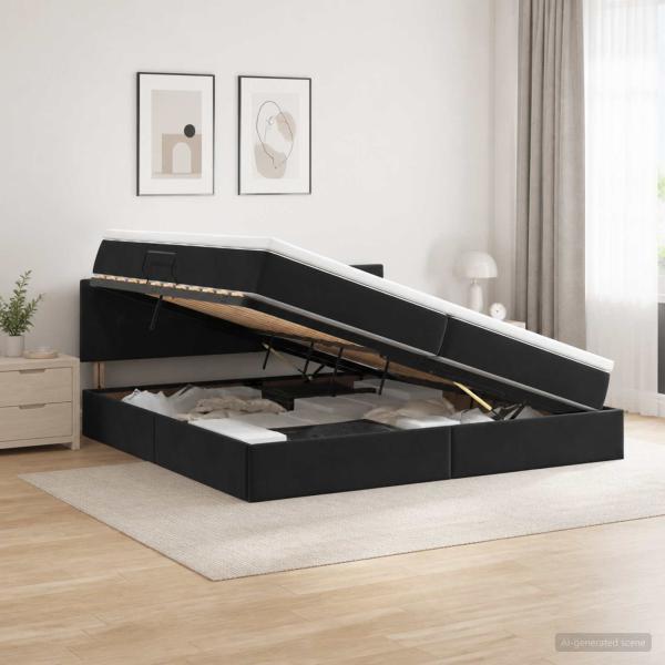 LED-Speicherbett mit Matratze Schwarz 200 x 200 cm Samt