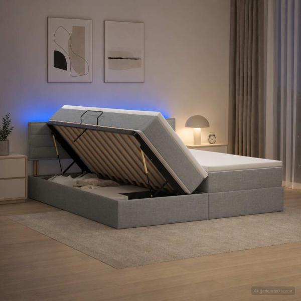 LED-Speicherbett mit Matratze Hellgrau 200 x 200 cm Stoff
