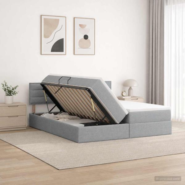 LED-Speicherbett mit Matratze Hellgrau 200 x 200 cm Stoff