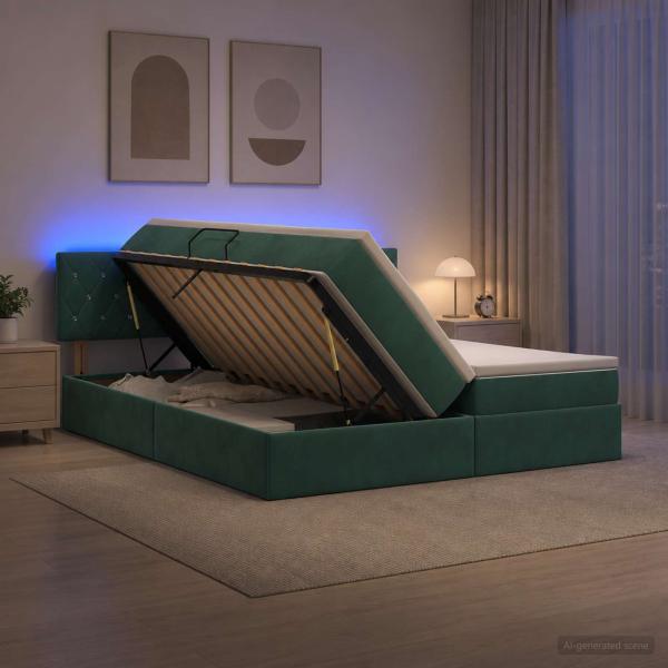 LED-Speicherbett mit Matratze Dunkelgrün 200 x 200 cm Samt