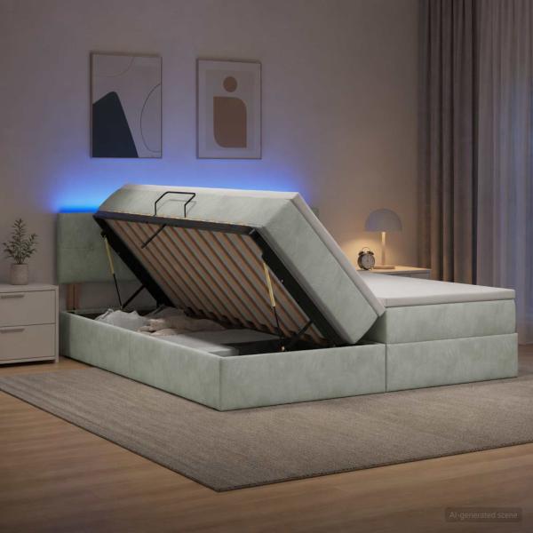 LED-Speicherbett mit Matratze Hellgrau 200 x 200 cm Samt