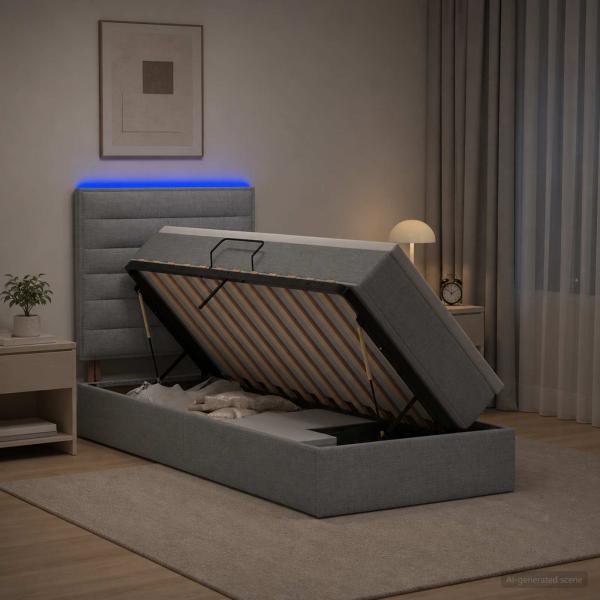 ARDEBO.de - LED-Speicherbett mit Matratze Hellgrau 100 x 200 cm Stoff