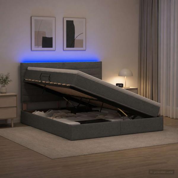 LED-Speicherbett mit Matratze Dunkelgrau 160 x 200 cm Stoff