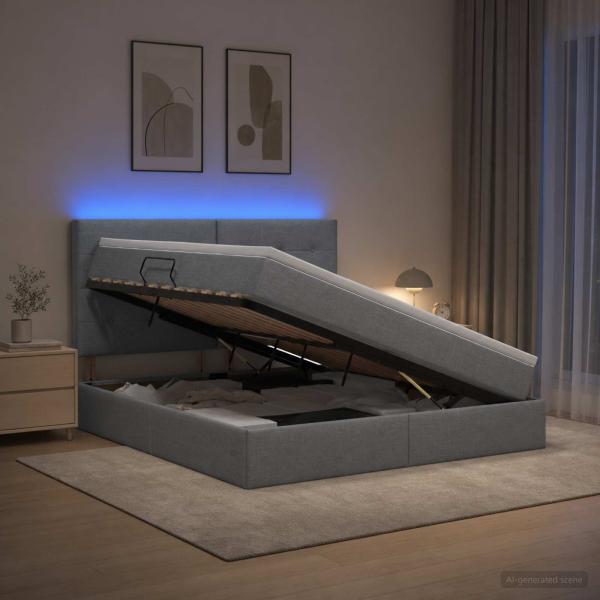 LED-Speicherbett mit Matratze Hellgrau 140 x 190 cm Stoff
