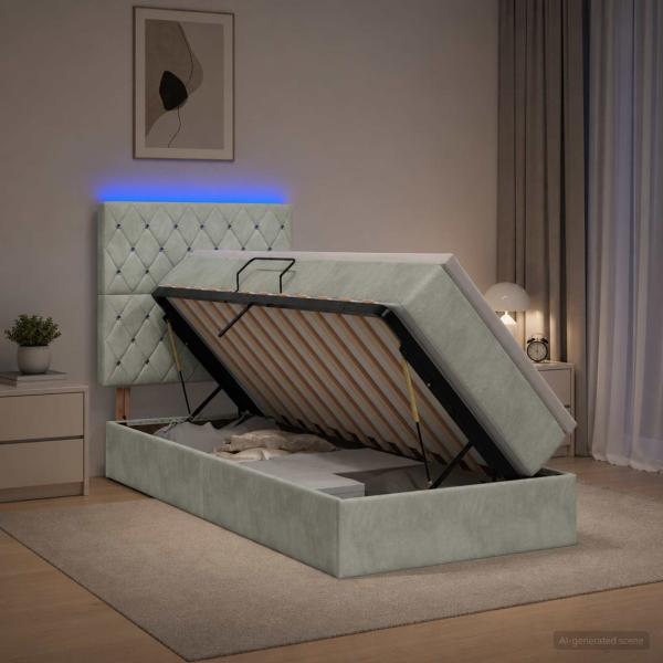 LED-Speicherbett mit Matratze Hellgrau 100 x 200 cm Samt