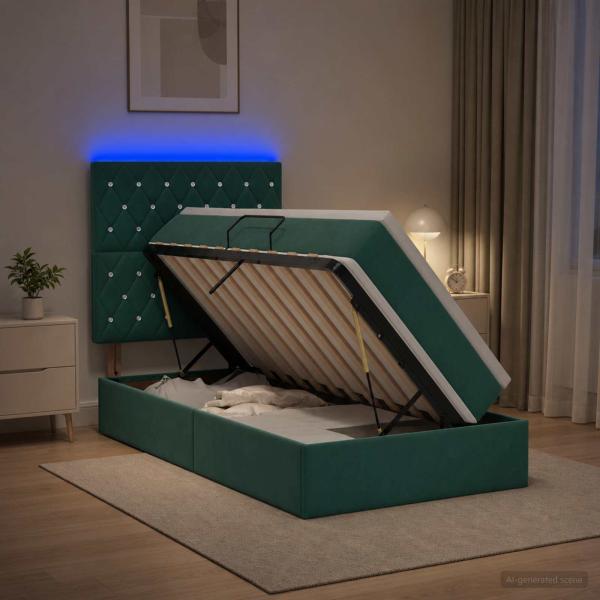 LED-Speicherbett mit Matratze Dunkelgrün 100 x 200 cm Samt