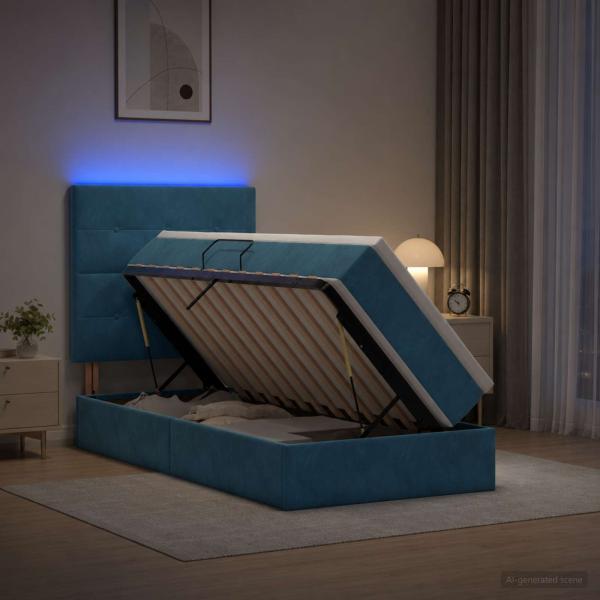 LED-Speicherbett mit Matratze Dunkelblau 90 x 200 cm Samt