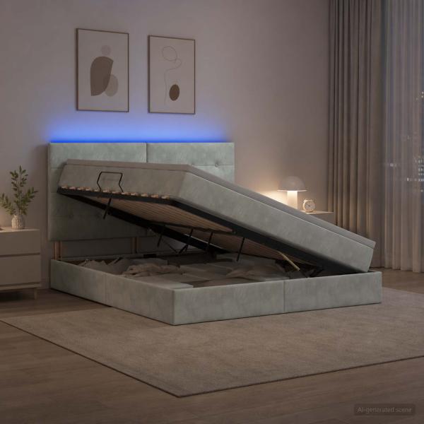 LED-Speicherbett mit Matratze Hellgrau 140 x 190 cm Samt