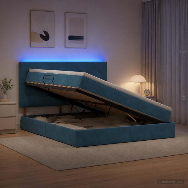 LED-Speicherbett mit Matratze Dunkelblau 180 x 200 cm Samt