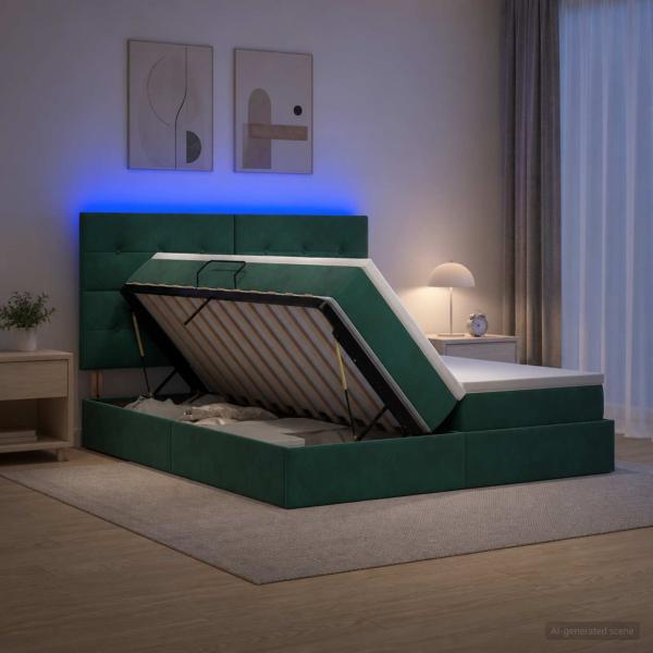 ARDEBO.de - LED-Speicherbett mit Matratze Dunkelgrün 200 x 200 cm Samt