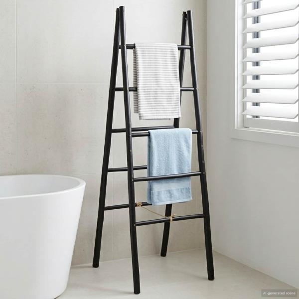 ARDEBO.de - Doppel-Handtuchleiter Schwarz 50 x 50 x 159 cm Bambus