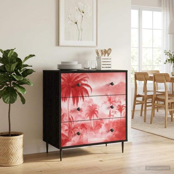 ARDEBO.de - Kommode AACHEN Rosa Palmenprint 66 x 36,5 x 76 cm Holzwerkstoff